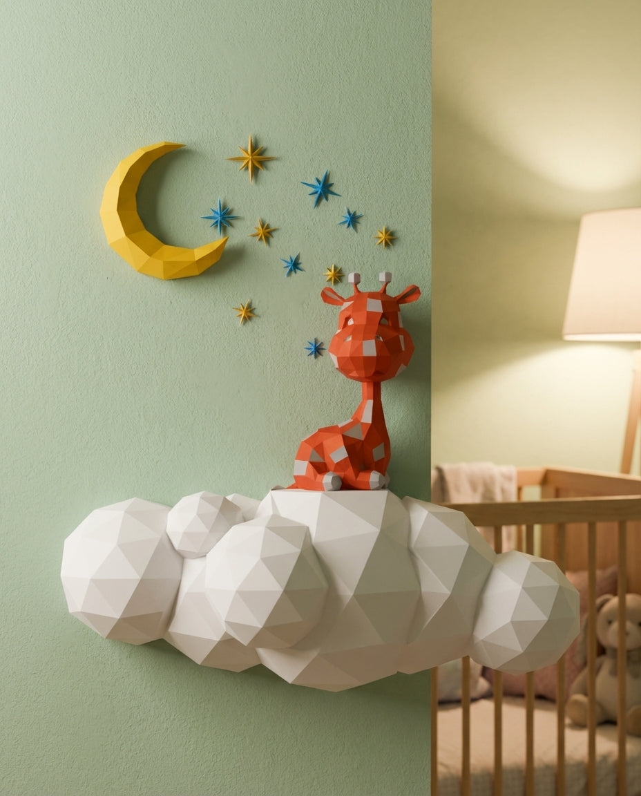 Cute wall giraffe 3D papercraft polygonal paper figure for assembly 50x45x16, 272 parts – DIY craft, sculptural cardboard giraffe for kids room wall decor