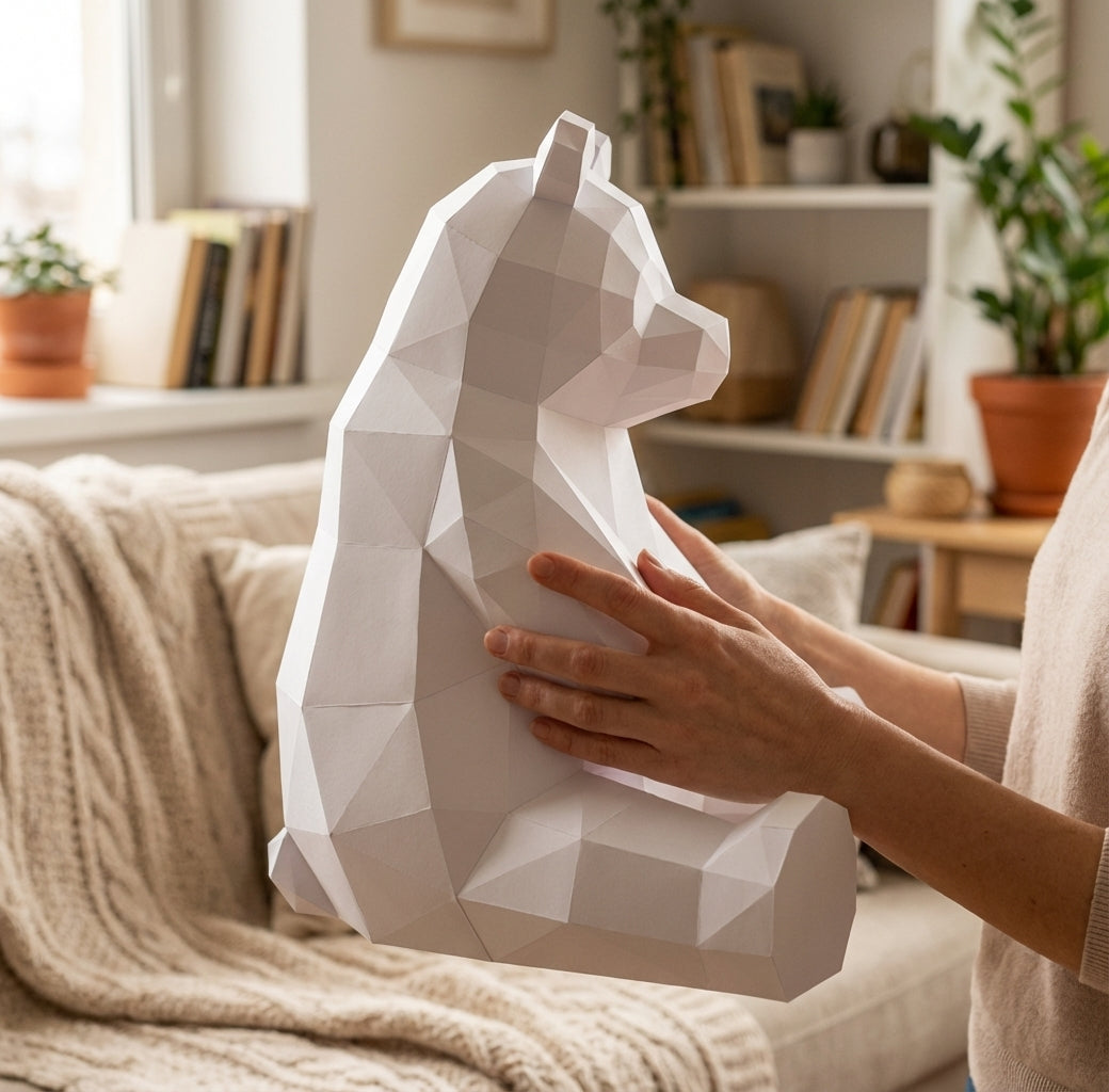 Polygonal panda papercraft, 3d geometric sculpture, 61-piece diy paper kit, 32x35x35 cm, modern handmade decor for home or office - Mi tienda