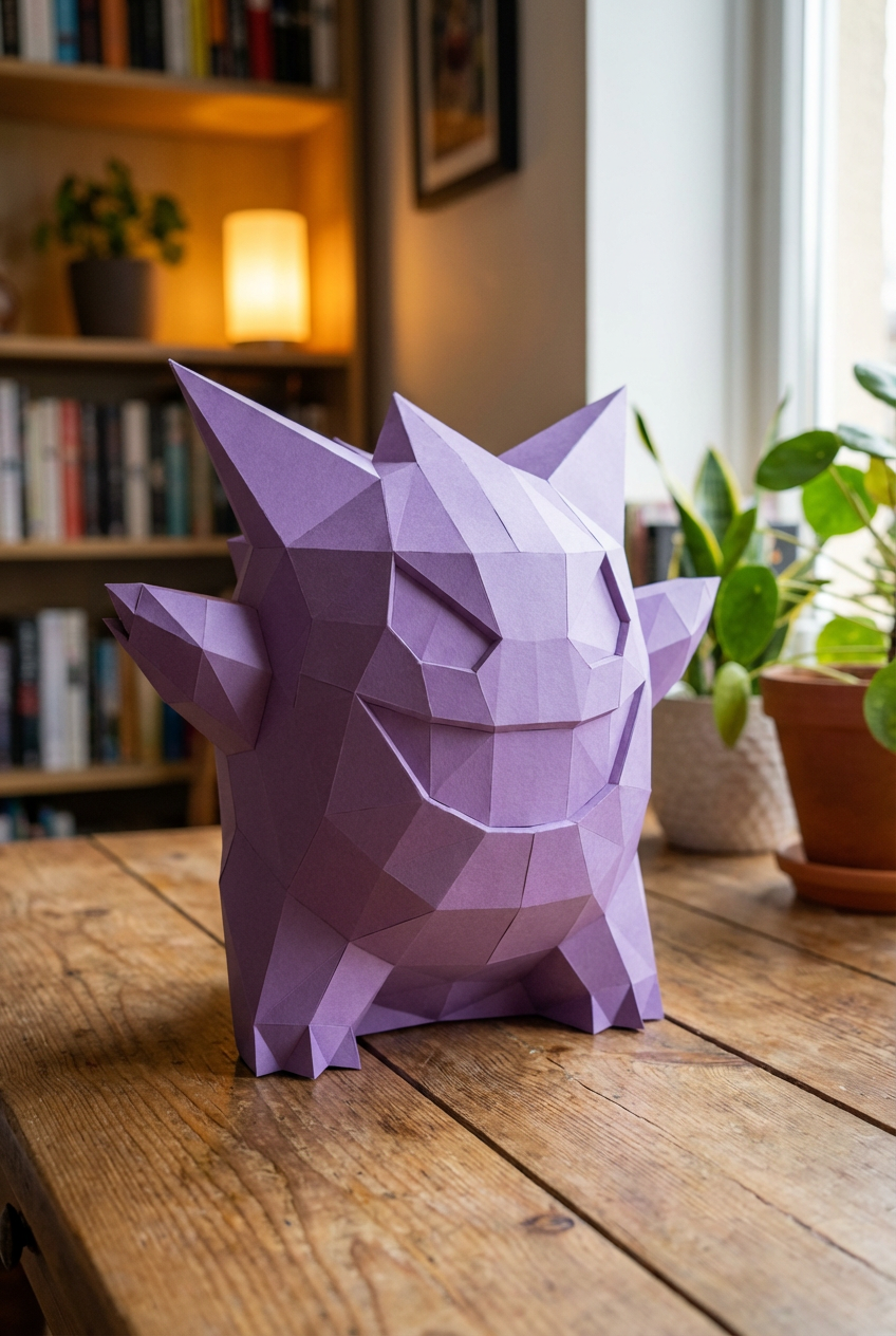 3D polygonal paper Gengar figure for assembly 27 x 33 x 32 – decorative papercraft DIY kit, modern geometric sculpture - Mi tienda