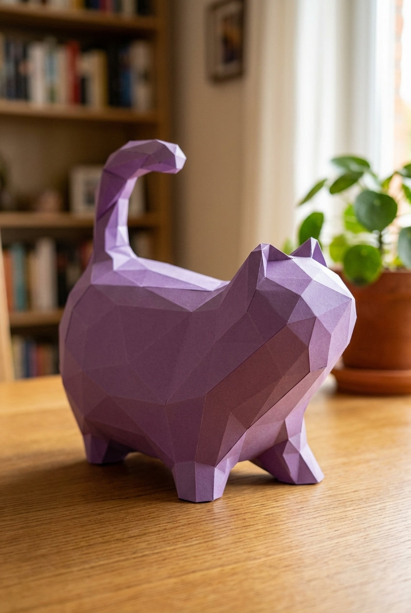 Cat polygonal paper figure for assembly 30 x 33 x 16 – papercraft DIY craft, sculptural cardboard cat for modern home decoration - Mi tienda