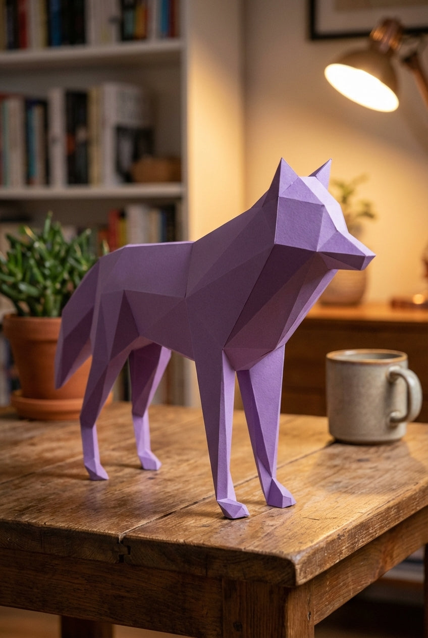 3D polygonal paper wolf figure for assembly 58x30x12 – decorative papercraft DIY kit, modern geometric sculpture for table or shelf - Mi tienda