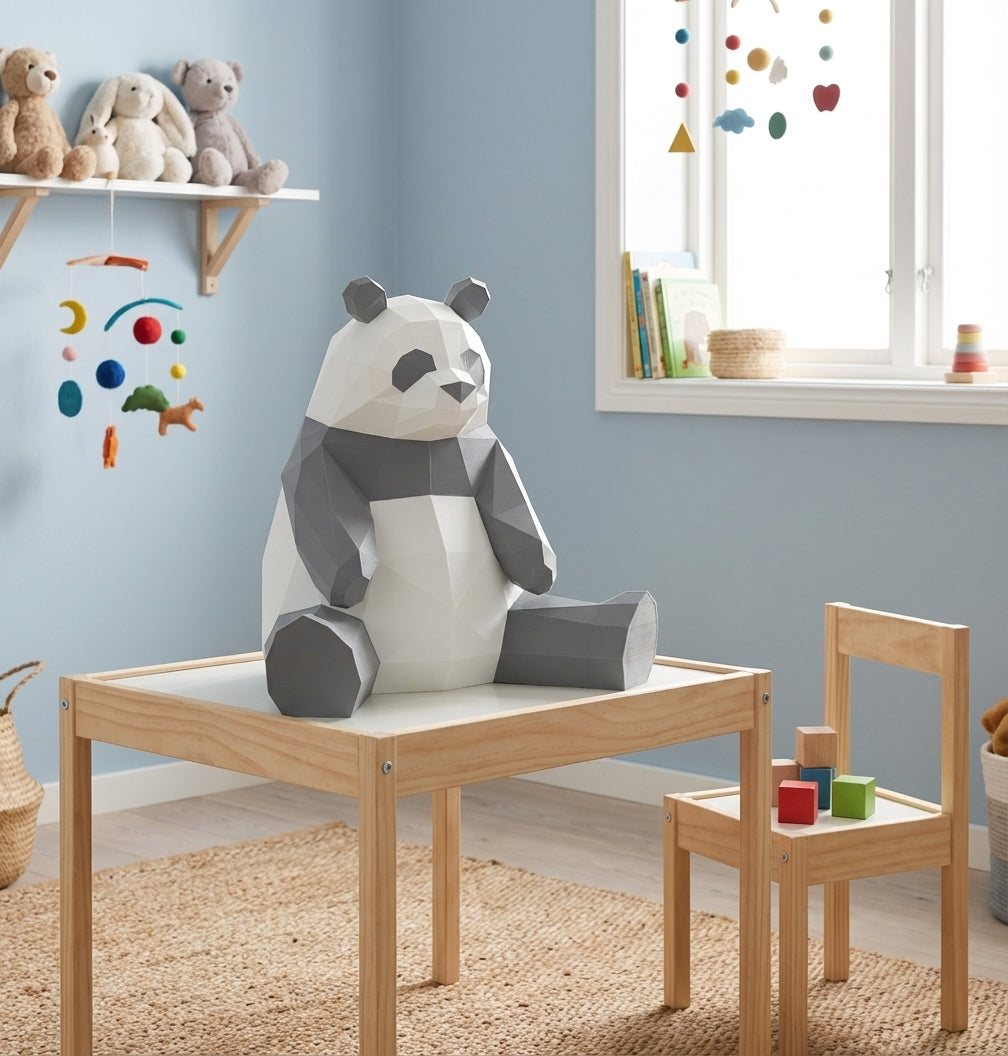 Polygonal panda papercraft, 3d geometric sculpture, 61-piece diy paper kit, 32x35x35 cm, modern handmade decor for home or office - Mi tienda