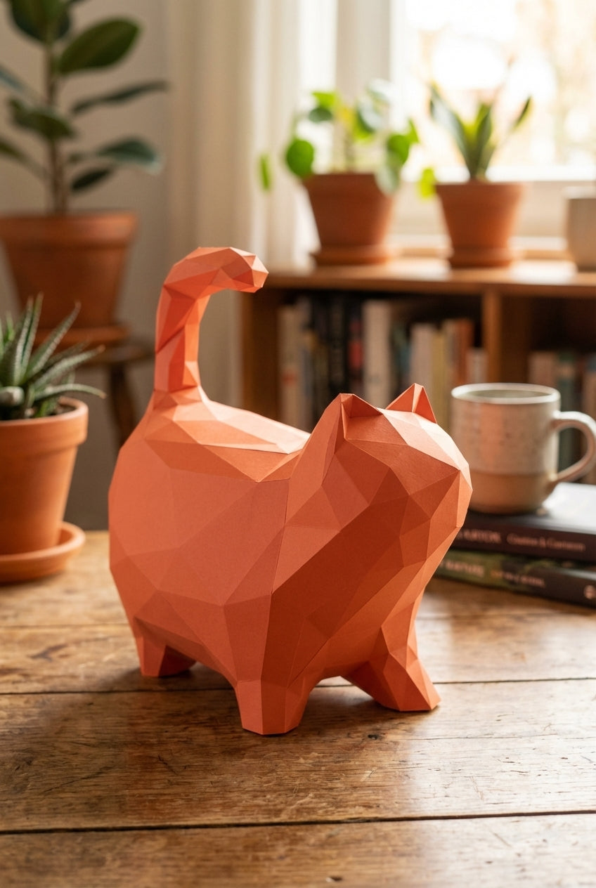 Cat polygonal paper figure for assembly 30 x 33 x 16 – papercraft DIY craft, sculptural cardboard cat for modern home decoration - Mi tienda