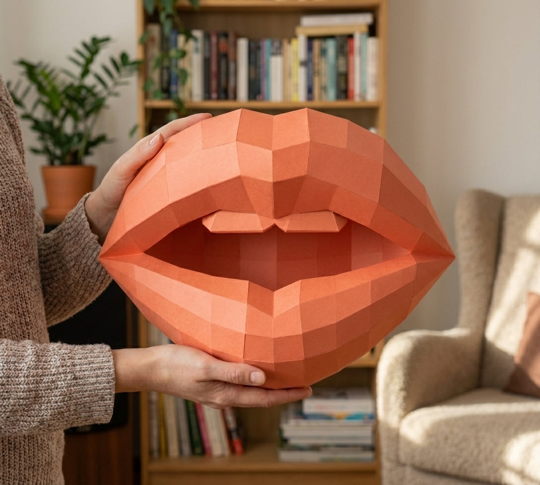 3D lips with teeth papercraft, polygonal paper figure for assembly, 35x26x20 cm, 49 parts – DIY geometric sculpture, unique wall art for creative workspace