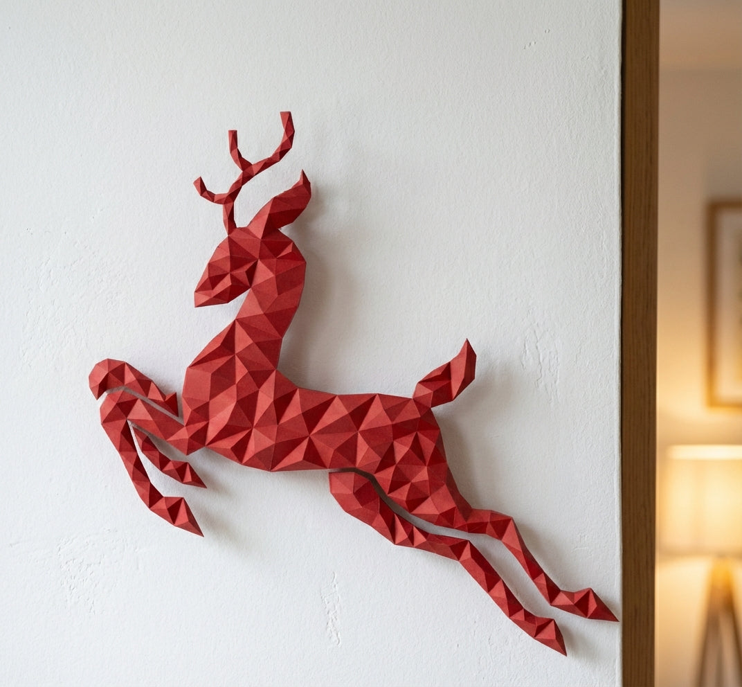 Modern flat deer wall papercraft, 56x57x2 cm geometric 3D polygonal silhouette, DIY creative kit for striking living room or hallway wall art, bold red home decor - Mi tienda