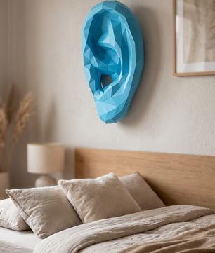 Figura de oreja de papel poligonal 3D para ensamblar 19 x 35 x 14 – kit de manualidades de papercraft decorativo, escultura geométrica moderna para pared sobre la cama