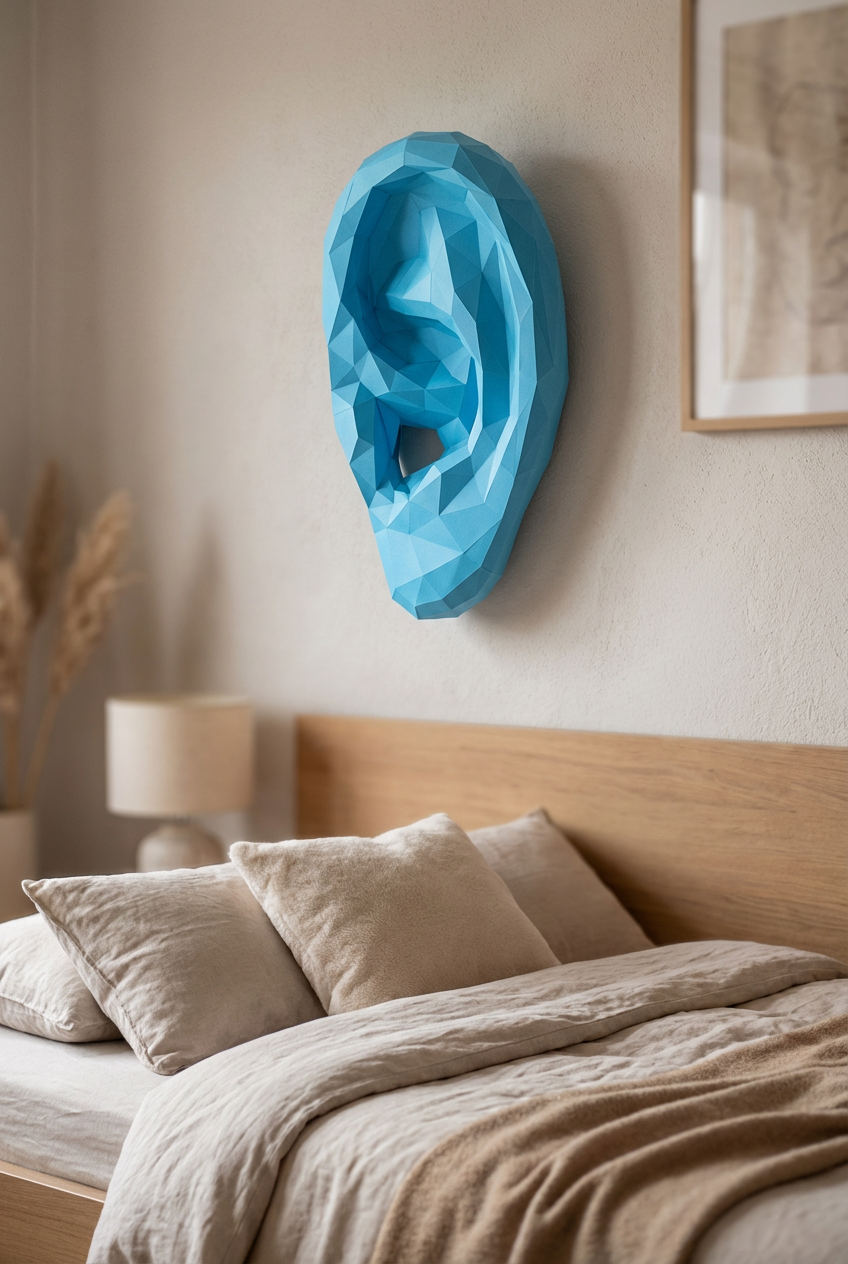 Figura de oreja de papel poligonal 3D para ensamblar 19 x 35 x 14 – kit de manualidades de papercraft decorativo, escultura geométrica moderna para pared sobre la cama