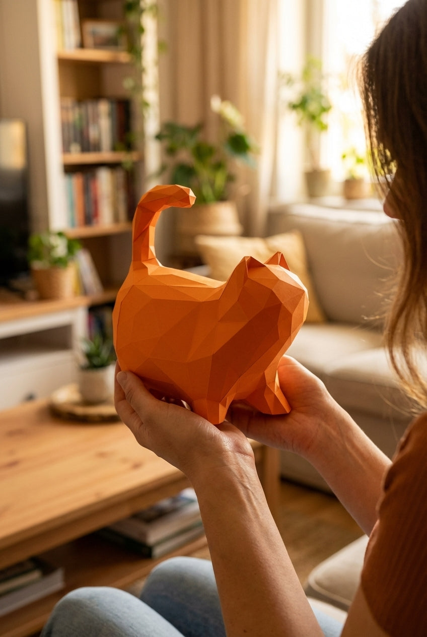 Cat polygonal paper figure for assembly 30 x 33 x 16 – papercraft DIY craft, sculptural cardboard cat for modern home decoration - Mi tienda