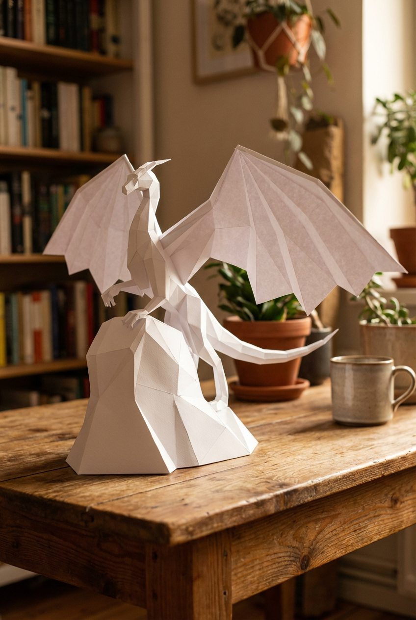 3D polygonal paper dragon figure to assemble on a rock 43x60x36 – DIY papercraft decorative kit, modern geometric sculpture for table or shelf - Mi tienda