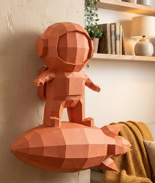 3D small astronaut on rocket papercraft polygonal paper figure 42x32x11 – DIY craft, modern geometric sculpture for wall décor