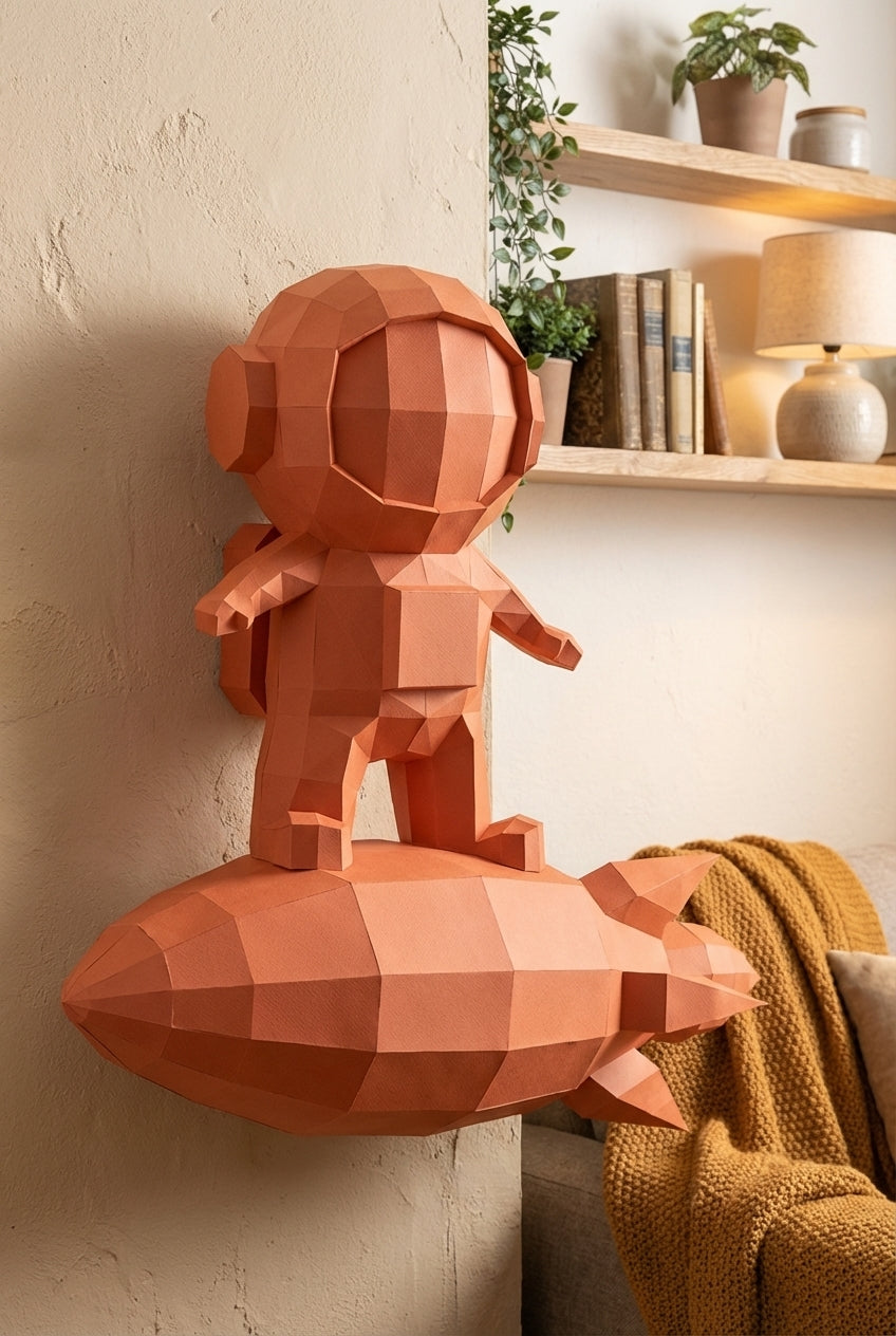 3D small astronaut on rocket papercraft polygonal paper figure 42x32x11 – DIY craft, modern geometric sculpture for wall décor