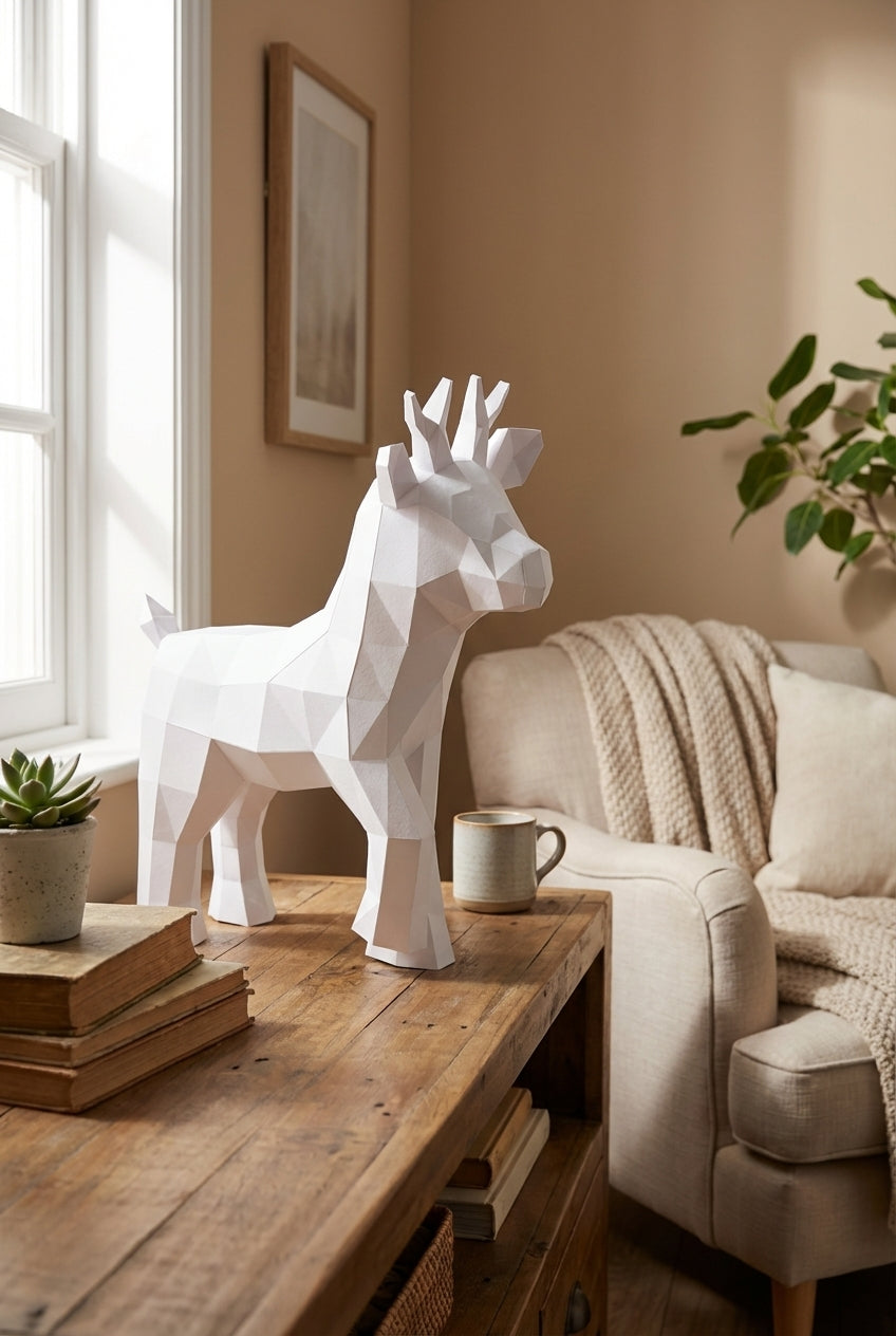 Ciervo pequeño 3D, figura de papel poligonal para ensamblar 42x32x11 – Manualidad DIY, ciervo de cartón escultórico para decoración de pared moderna