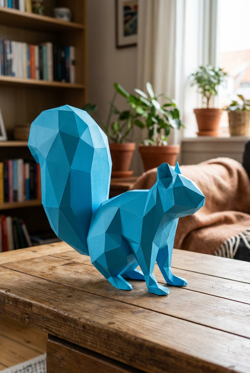 Ardilla Poligonal 3D de Papel para Montar 27x32x10– Kit Decorativo PaperCraft DIY, Escultura Moderna de Cartón, Decoración Geométrica para el Hogar