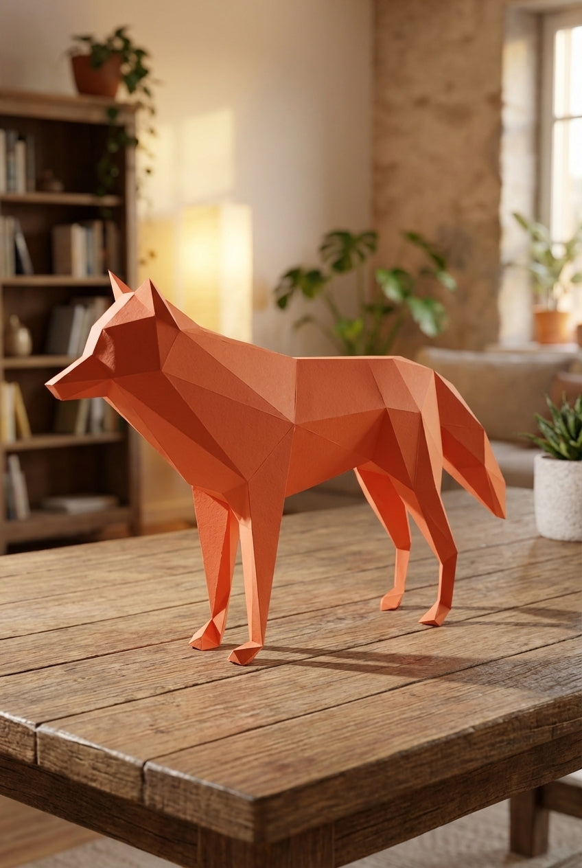 3D polygonal paper wolf figure for assembly 58x30x12 – decorative papercraft DIY kit, modern geometric sculpture for table or shelf - Mi tienda