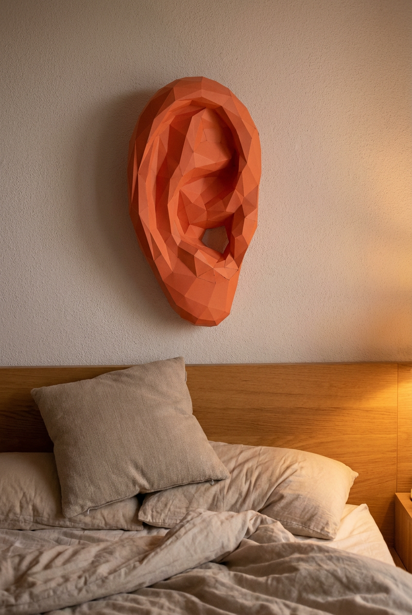 Figura de oreja de papel poligonal 3D para ensamblar 19 x 35 x 14 – kit de manualidades de papercraft decorativo, escultura geométrica moderna para pared sobre la cama