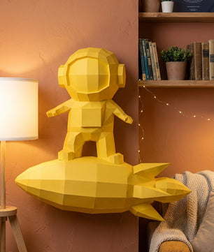 3D small astronaut on rocket papercraft polygonal paper figure 42x32x11 – DIY craft, modern geometric sculpture for wall décor