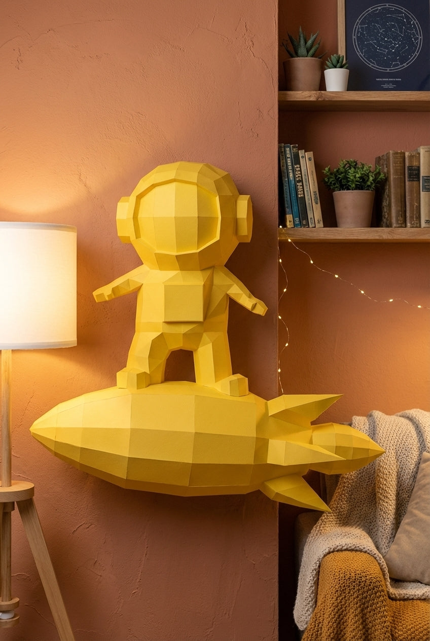 3D small astronaut on rocket papercraft polygonal paper figure 42x32x11 – DIY craft, modern geometric sculpture for wall décor