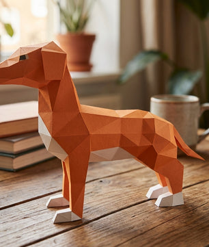 Cute ginger dog 3D papercraft polygonal paper figure for assembly, 50x37x18 cm, 65 parts – DIY craft, sculptural cardboard dog, geometric decor for entryway