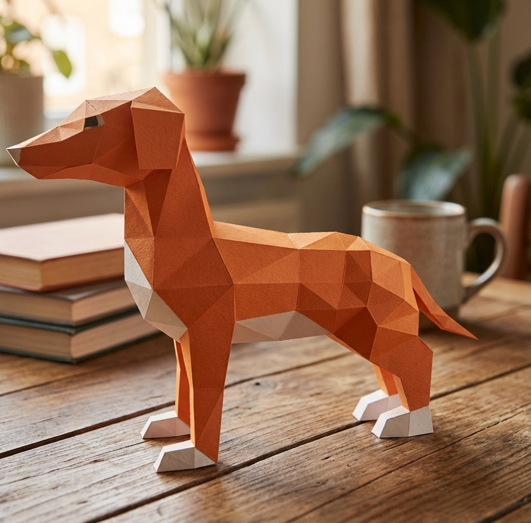 Lindo perro canela papercraft 3D, figura de papel poligonal para montar, 50x37x18 cm, 65 piezas – Manualidad DIY, perro de cartón escultórico, decoración geométrica para entrada