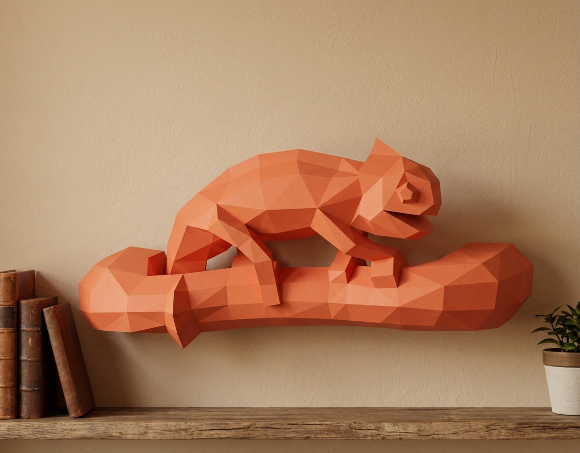 Geometric chameleon papercraft wall sculpture on branch, 3d polygonal lizard, 41x12x19 cm, creative diy kit for unique modern home or office decor - Mi tienda