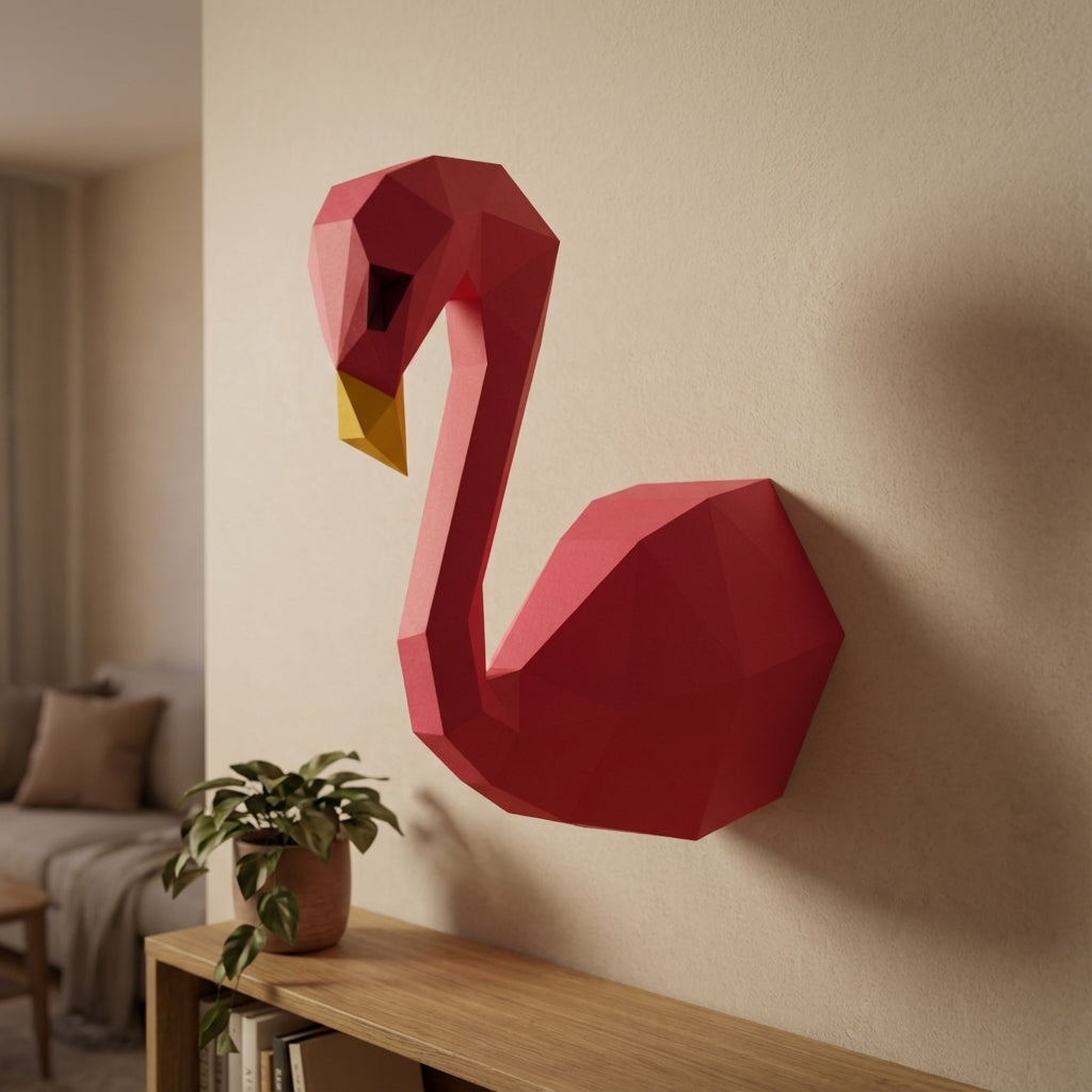 3D Wall Flamingo Papercraft wall flamingo papercraft kit! Polygonal paper art, 37x35x19 cm. Unique DIY wall decor - Mi tienda
