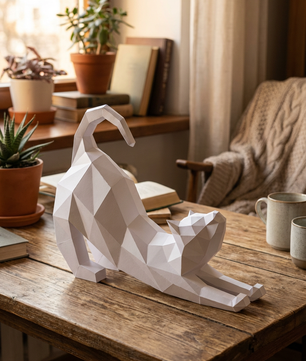 Figura Poligonal 3D de Gato en Papel para Montar 40x32x12 – Kit Decorativo PaperCraft DIY, Escultura Geométrica Moderna para Mesa o Estantería