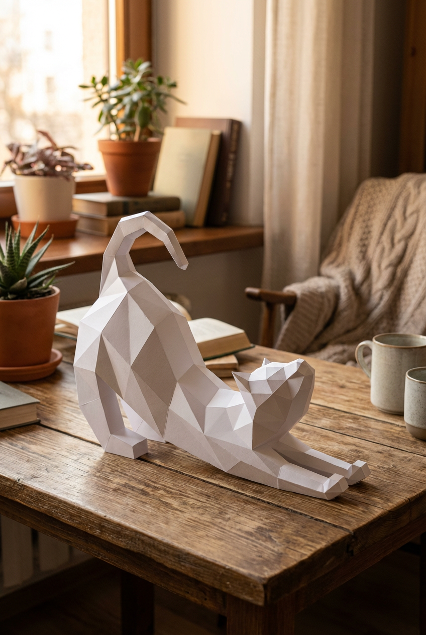 Figura Poligonal 3D de Gato en Papel para Montar 40x32x12 – Kit Decorativo PaperCraft DIY, Escultura Geométrica Moderna para Mesa o Estantería
