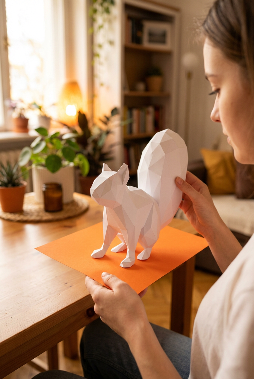 Ardilla Poligonal 3D de Papel para Montar 27x32x10– Kit Decorativo PaperCraft DIY, Escultura Moderna de Cartón, Decoración Geométrica para el Hogar
