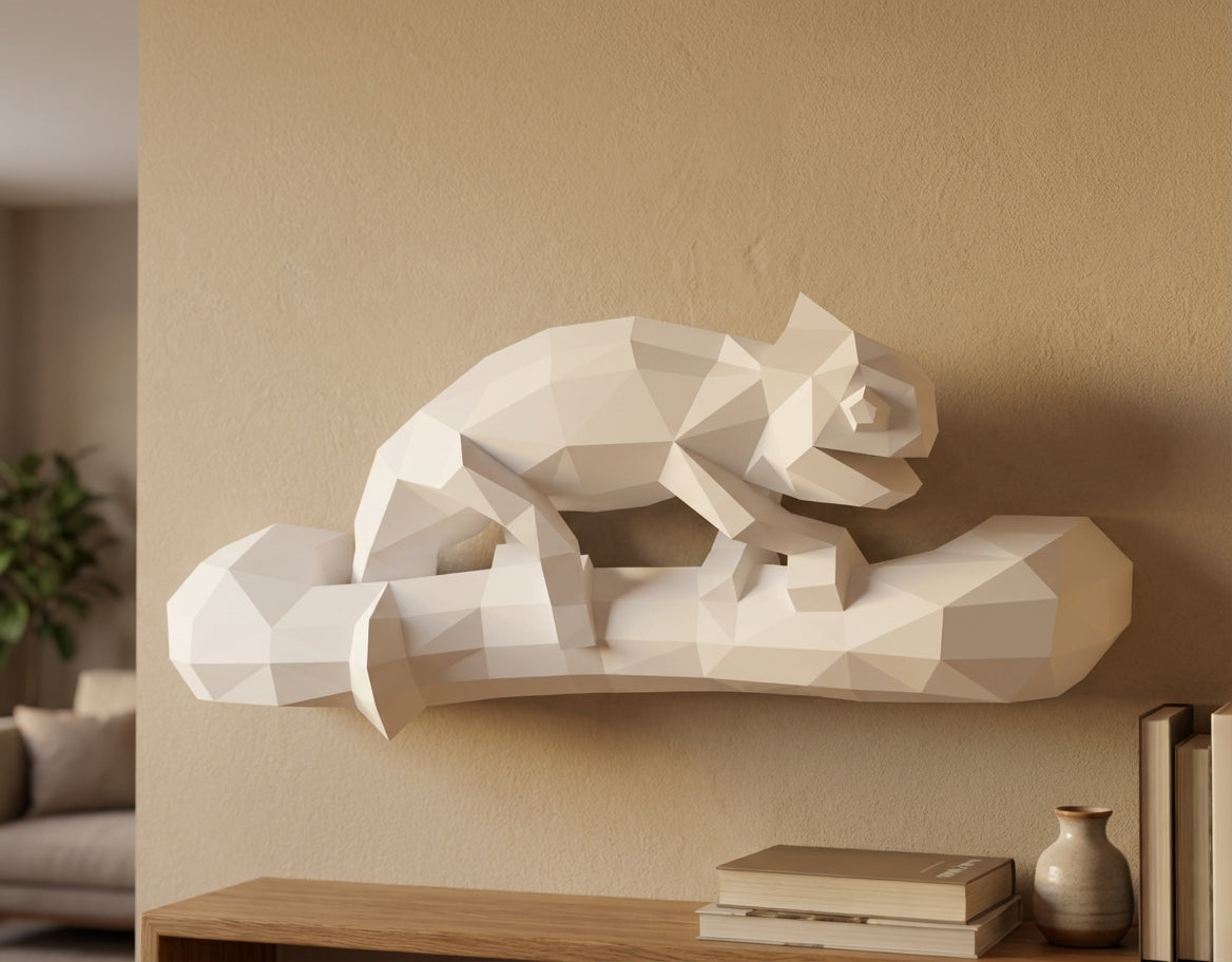 Geometric chameleon papercraft wall sculpture on branch, 3d polygonal lizard, 41x12x19 cm, creative diy kit for unique modern home or office decor - Mi tienda