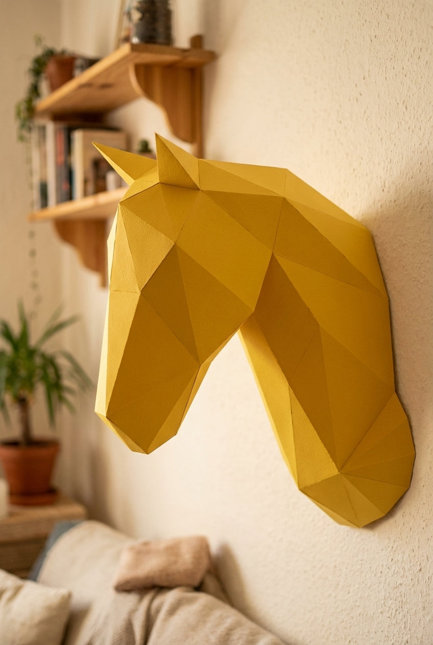 Horse head polygonal paper figure for assembly 25 x 35 x 19 – papercraft DIY craft, modern cardboard wall decoration, geometric style - Mi tienda