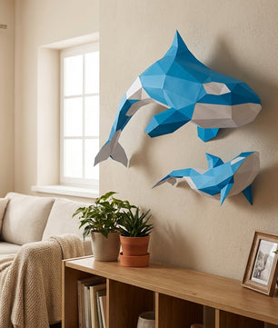 Figura de orcas de papel poligonal 3D para ensamblar 60 x 50 x 20 – kit de manualidades de papercraft decorativo, escultura geométrica moderna para pared sobre la cama