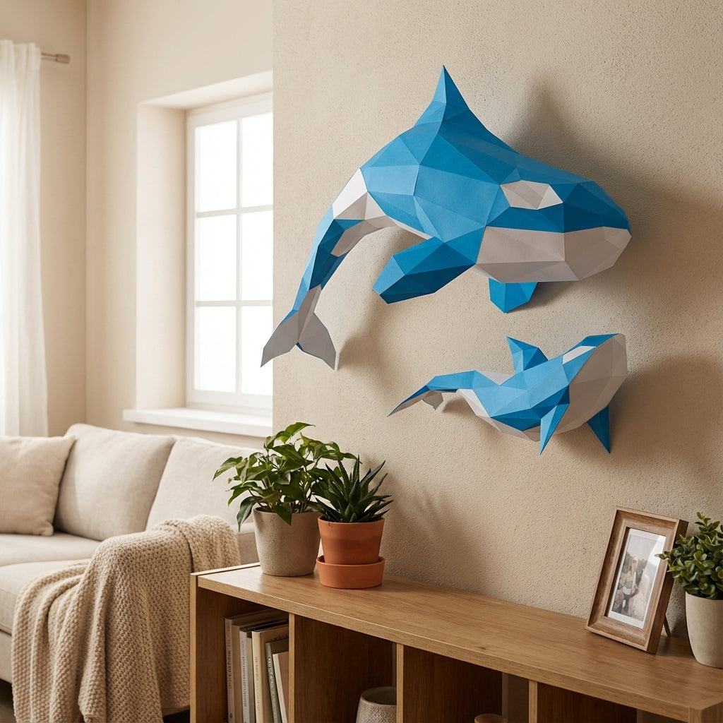 Figura de orcas de papel poligonal 3D para ensamblar 60 x 50 x 20 – kit de manualidades de papercraft decorativo, escultura geométrica moderna para pared sobre la cama