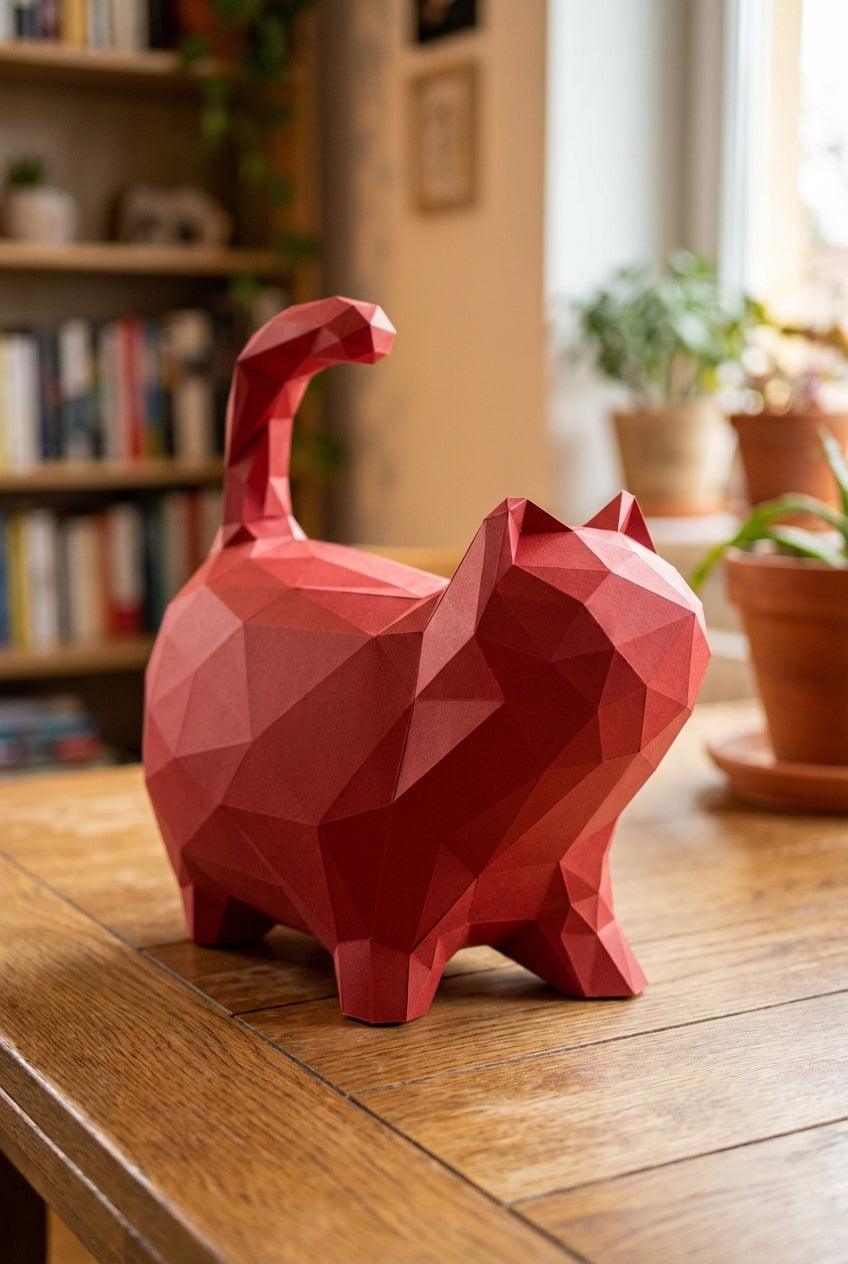 Cat polygonal paper figure for assembly 30 x 33 x 16 – papercraft DIY craft, sculptural cardboard cat for modern home decoration - Mi tienda