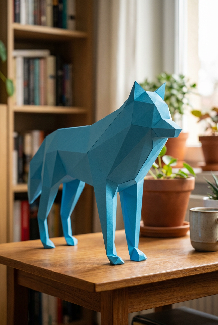 3D polygonal paper wolf figure for assembly 58x30x12 – decorative papercraft DIY kit, modern geometric sculpture for table or shelf - Mi tienda