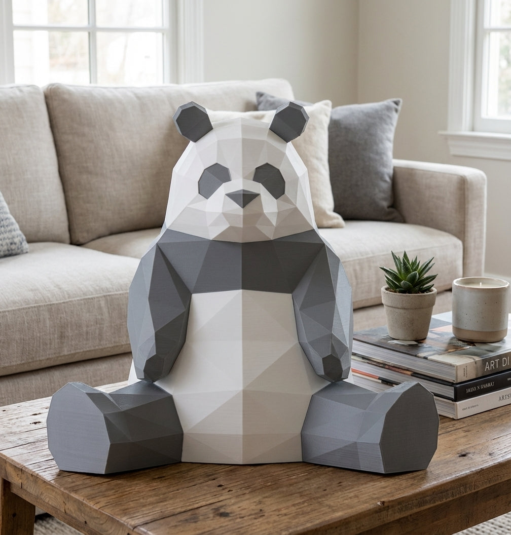 Polygonal panda papercraft, 3d geometric sculpture, 61-piece diy paper kit, 32x35x35 cm, modern handmade decor for home or office - Mi tienda