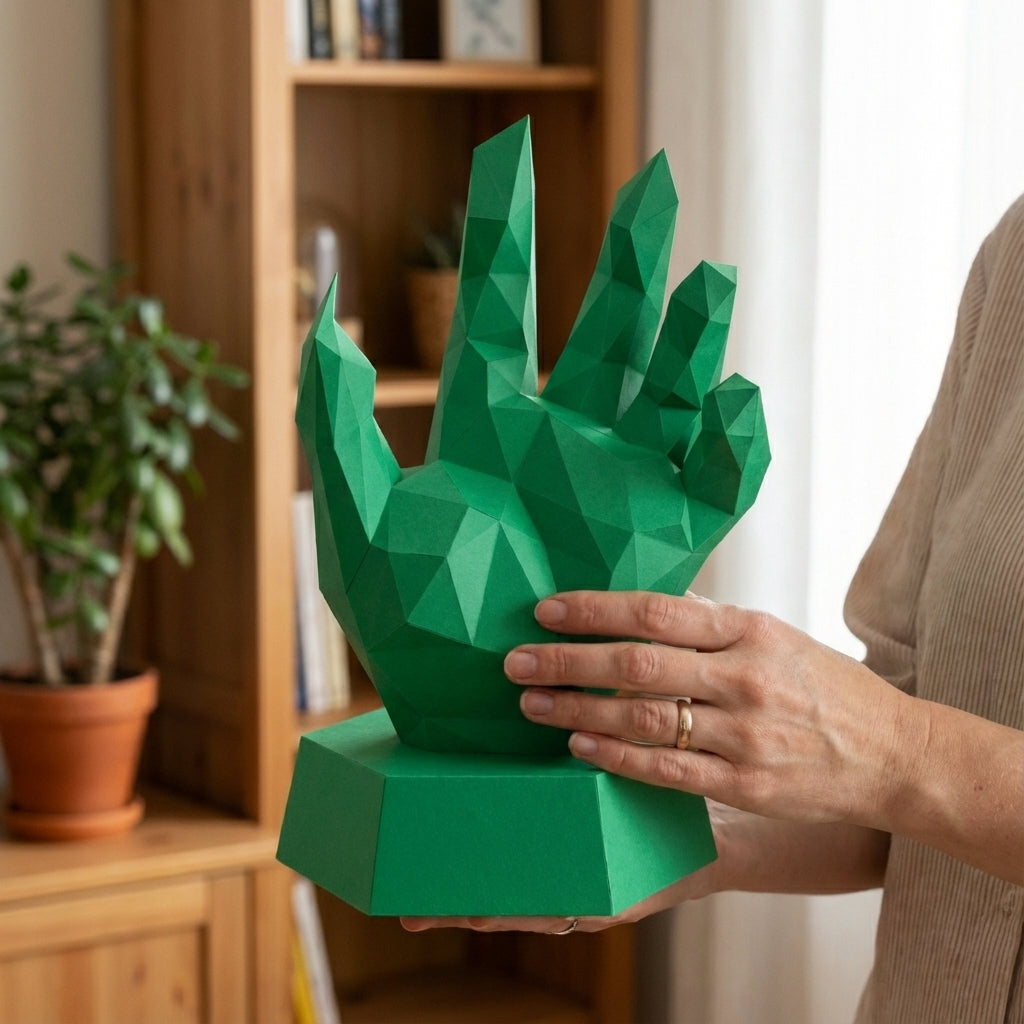 Papercraft hand on stand 3D polygonal paper figure for assembly 40x26x20, 59 parts – DIY craft jewelry holder, sculptural cardboard hand for modern decor - Mi tienda