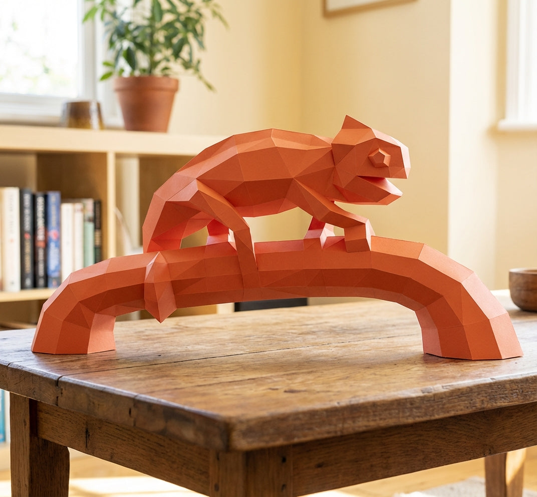 Geometric chameleon papercraft on stick, 3D DIY sculpture kit, 44x9x21 cm, modern animal decor for desk or workspace - Mi tienda