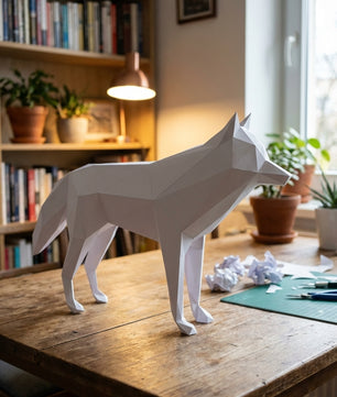 3D polygonal paper wolf figure for assembly 58x30x12 – decorative papercraft DIY kit, modern geometric sculpture for table or shelf - Mi tienda