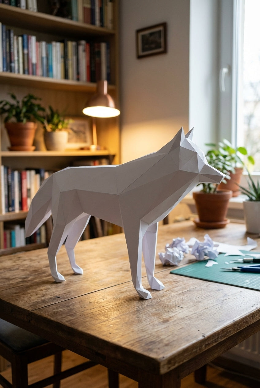3D polygonal paper wolf figure for assembly 58x30x12 – decorative papercraft DIY kit, modern geometric sculpture for table or shelf - Mi tienda