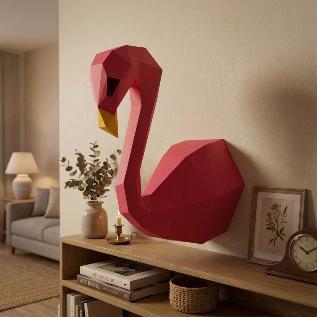 3D Wall Flamingo Papercraft wall flamingo papercraft kit! Polygonal paper art, 37x35x19 cm. Unique DIY wall decor - Mi tienda