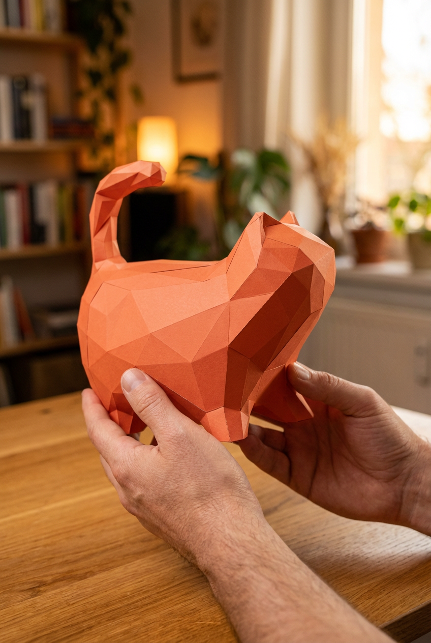 Cat polygonal paper figure for assembly 30 x 33 x 16 – papercraft DIY craft, sculptural cardboard cat for modern home decoration - Mi tienda