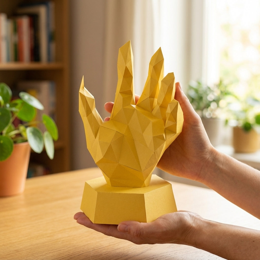 Papercraft hand on stand 3D polygonal paper figure for assembly 40x26x20, 59 parts – DIY craft jewelry holder, sculptural cardboard hand for modern decor - Mi tienda