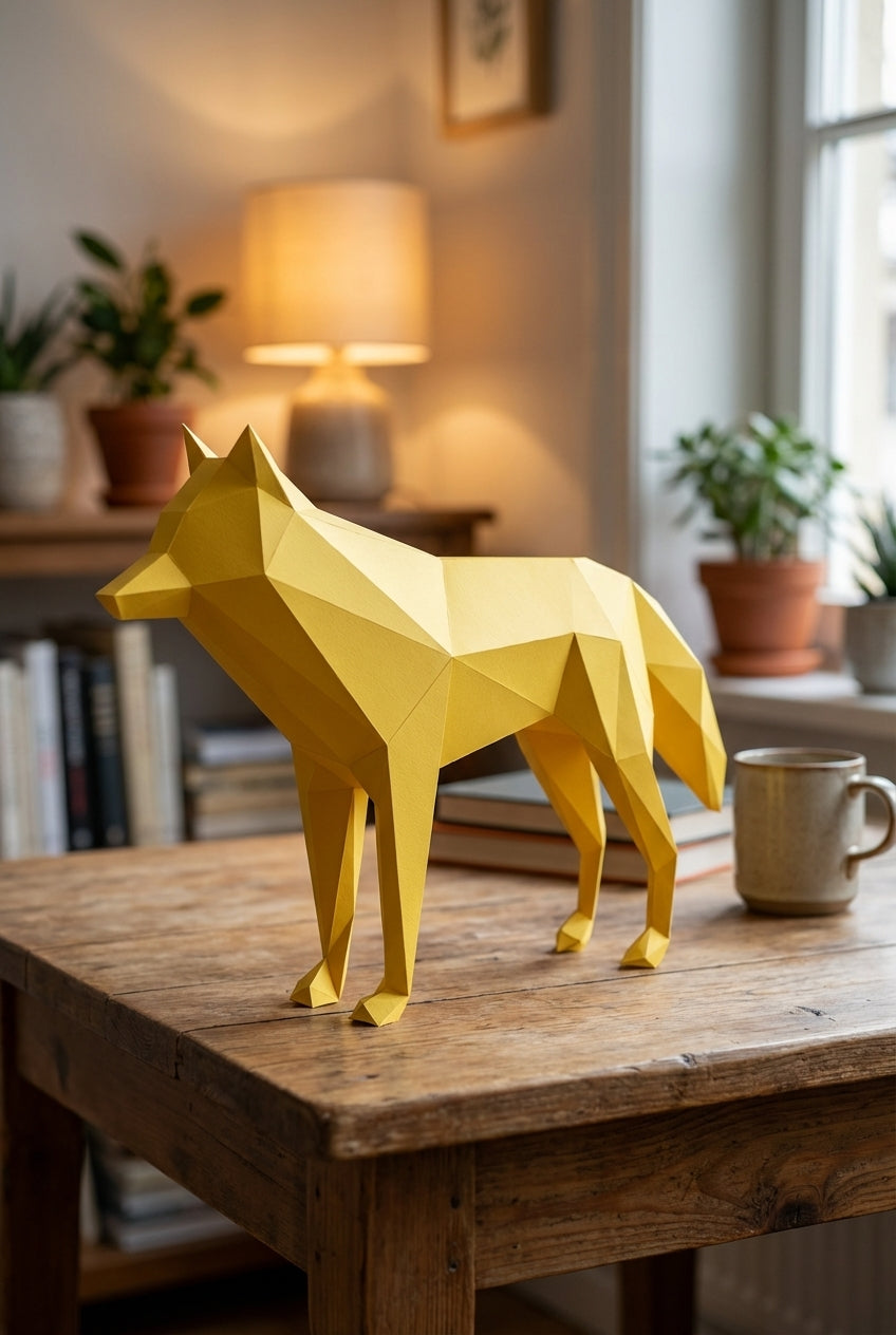 3D polygonal paper wolf figure for assembly 58x30x12 – decorative papercraft DIY kit, modern geometric sculpture for table or shelf - Mi tienda