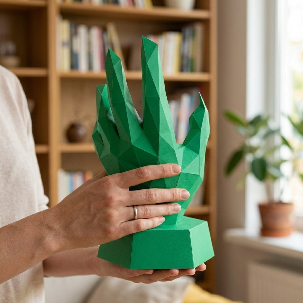 Papercraft hand on stand 3D polygonal paper figure for assembly 40x26x20, 59 parts – DIY craft jewelry holder, sculptural cardboard hand for modern decor - Mi tienda