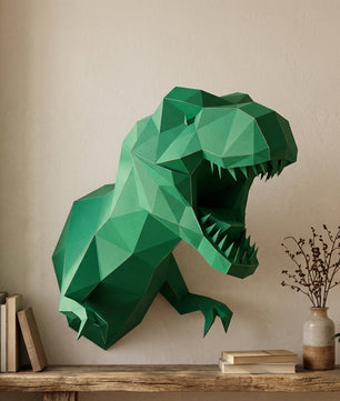 3D Papercraft Green T-Rex Wall Trophy 50cm DIY Low Poly Dinosaur Head Model – Geometric Paper Sculpture Wall Decor for Living Room - Mi tienda