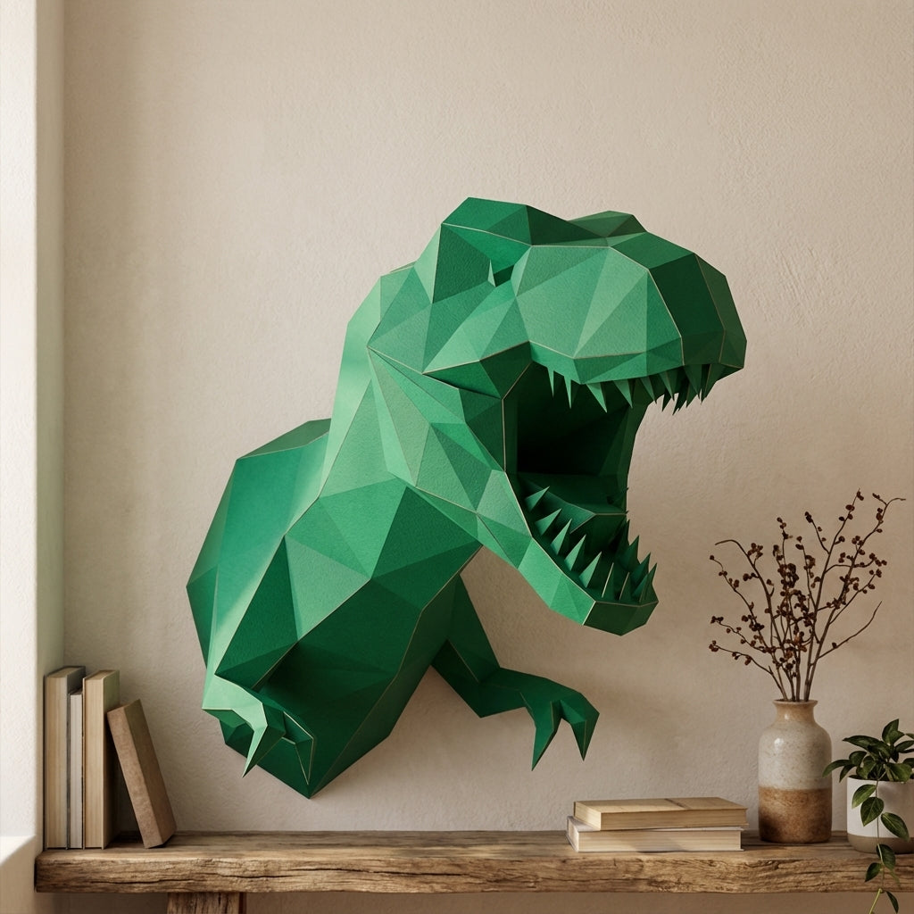 3D Papercraft Green T-Rex Wall Trophy 50cm DIY Low Poly Dinosaur Head Model – Geometric Paper Sculpture Wall Decor for Living Room - Mi tienda