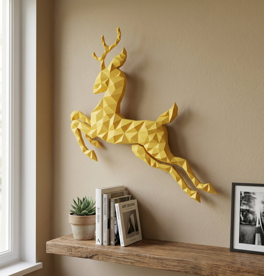Modern flat deer wall papercraft, 56x57x2 cm geometric 3D polygonal silhouette, DIY creative kit for striking living room or hallway wall art, bold red home decor - Mi tienda