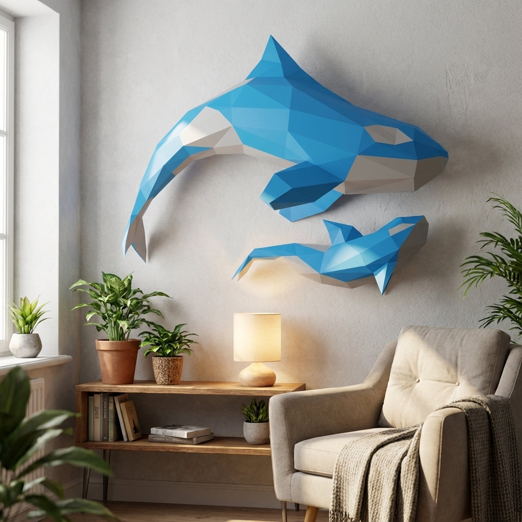 Figura de orcas de papel poligonal 3D para ensamblar 60 x 50 x 20 – kit de manualidades de papercraft decorativo, escultura geométrica moderna para pared sobre la cama