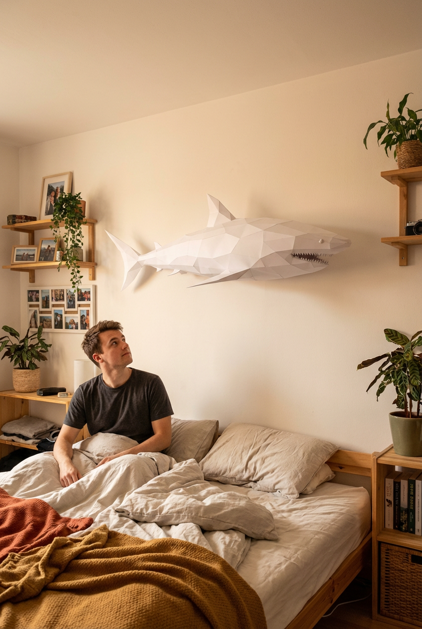 Figura de tiburón de papel poligonal 3D para ensamblar 30 x 27 x 93 – kit de manualidades de papercraft decorativo, escultura geométrica moderna para mesa o estantería