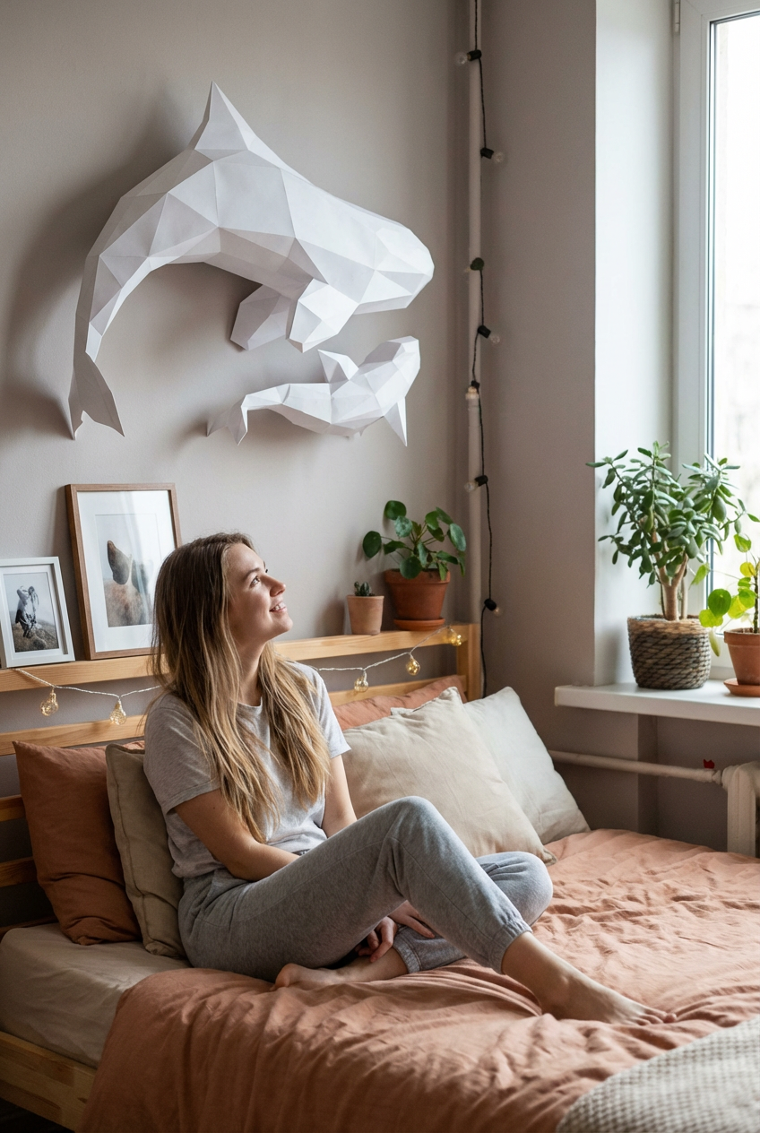 Figura de orcas de papel poligonal 3D para ensamblar 60 x 50 x 20 – kit de manualidades de papercraft decorativo, escultura geométrica moderna para pared sobre la cama